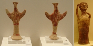 Helladic female figures 1,400-1,200 BC and anthropomorphic figure 1,250-1,180 BC - source Olympia and Mycenaean Museums